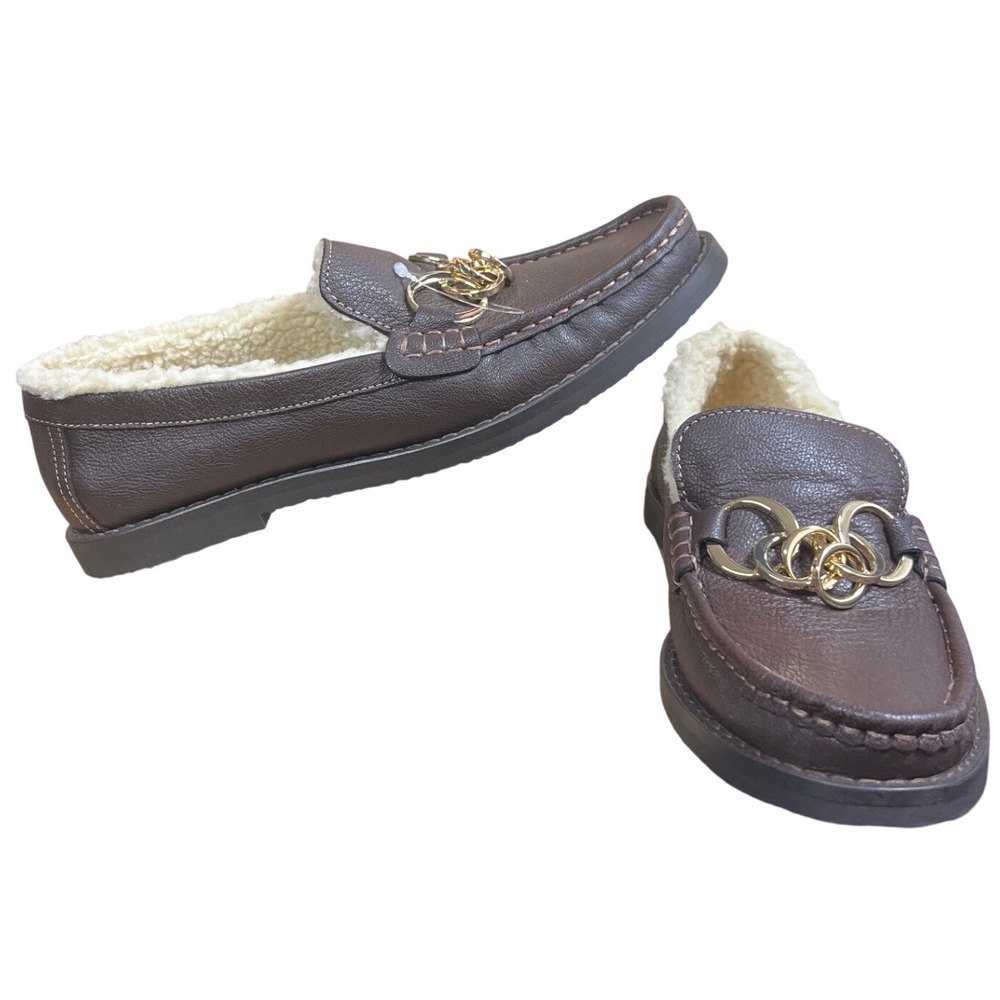 Odissi Brown Leather Faux Fur Lined Loafer Gold Hardware Made Spain Size 10 NWOB